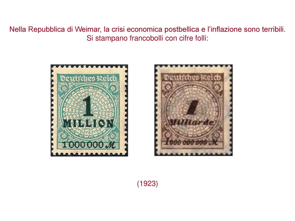 Nella Repubblica di Weimar, la crisi economica postbellica e l’inflazione sono terribili. Si stampano francobolli con cifre folli: