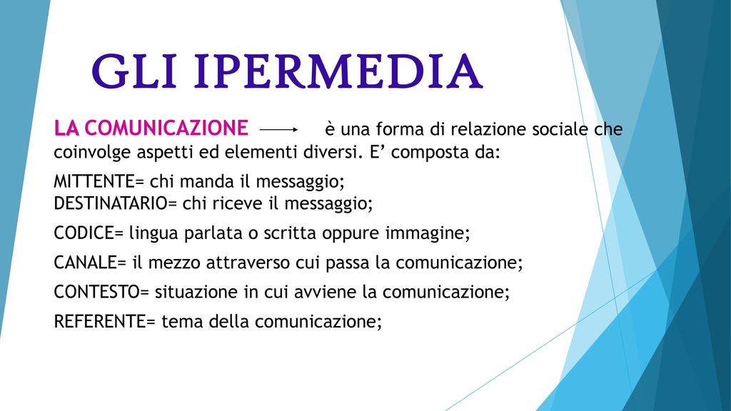 GLI IPERMEDIA LA COMUNICAZIONE è una forma di relazione sociale che coinvolge aspetti ed elementi diversi. E’ composta da: