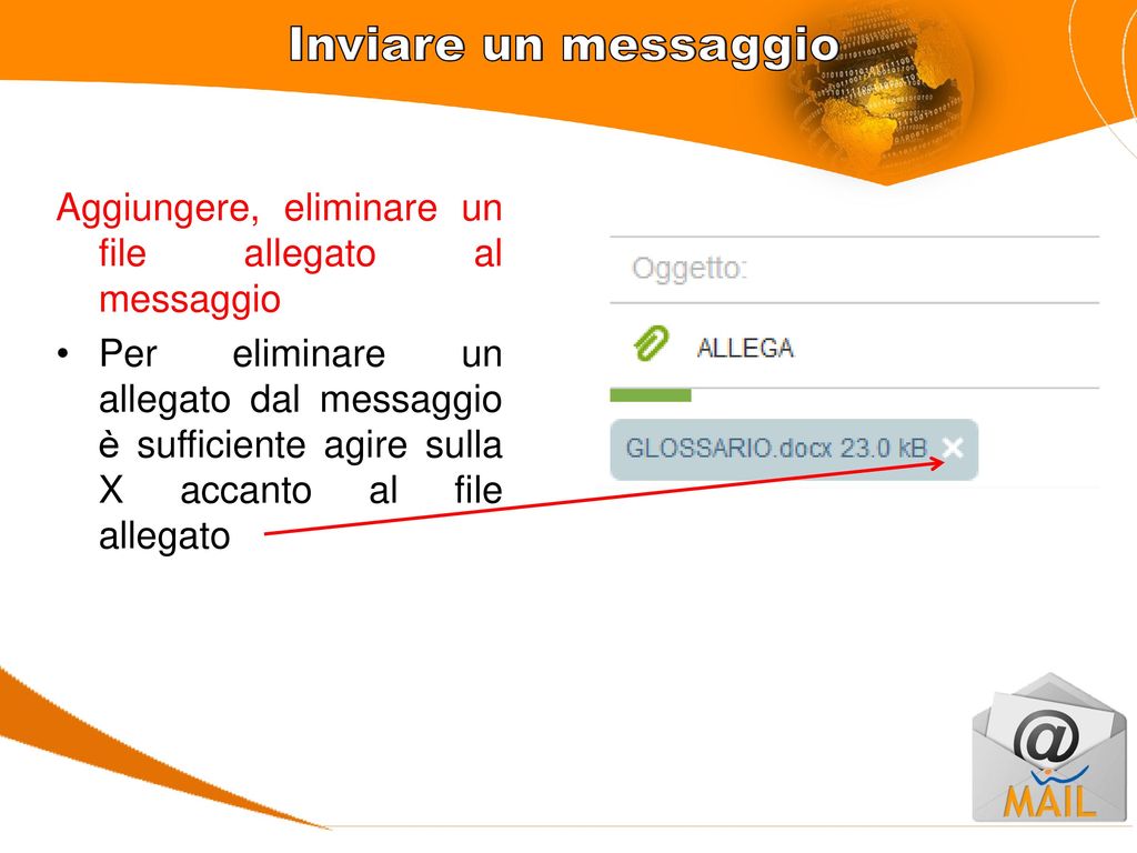 Inviare un messaggio Aggiungere, eliminare un file allegato al messaggio.