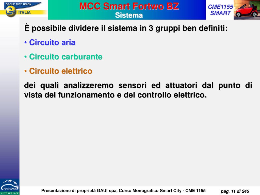 MCC Smart Fortwo BZ Sistema. È possibile dividere il sistema in 3 gruppi ben definiti: Circuito aria.