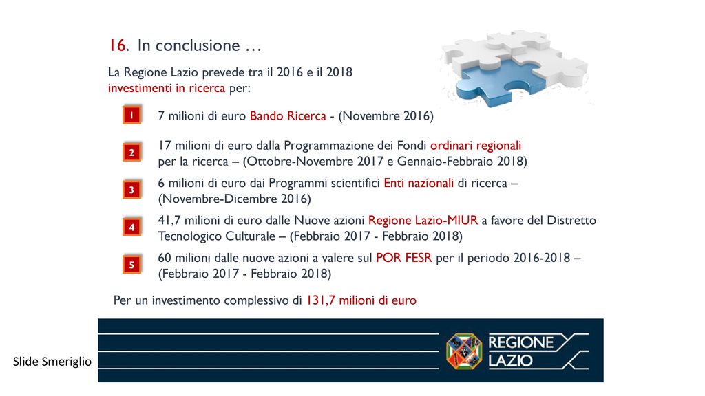 16. In conclusione … La Regione Lazio prevede tra il 2016 e il 2018 investimenti in ricerca per: 7 milioni di euro Bando Ricerca - (Novembre 2016)