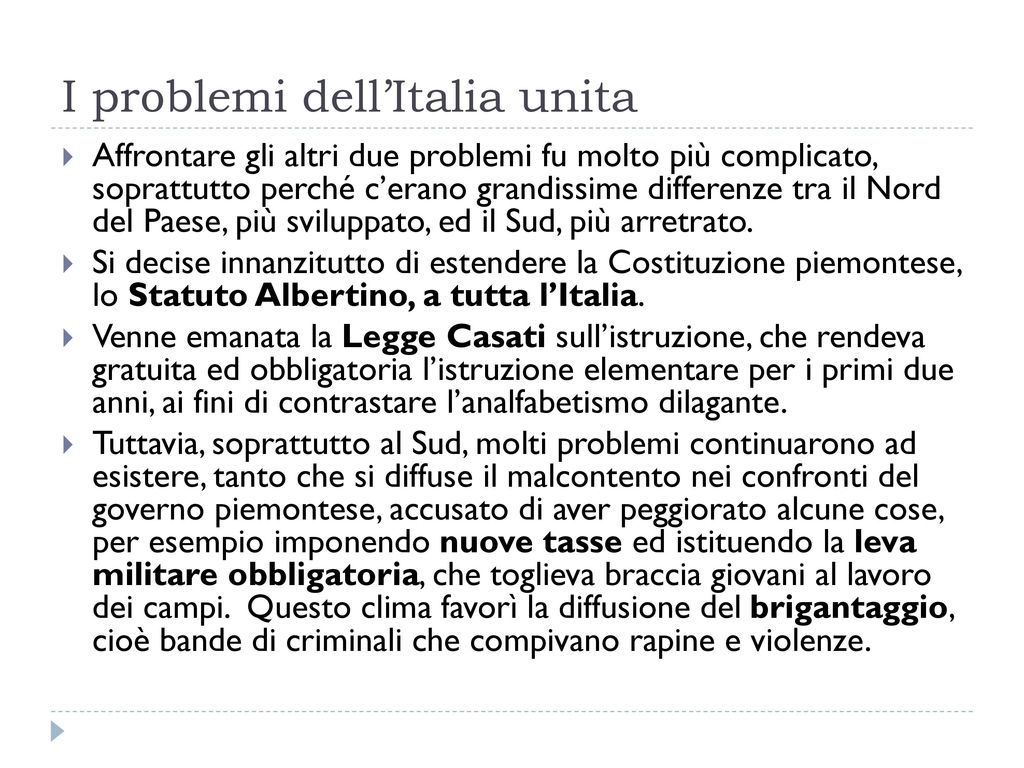 I problemi dell’Italia unita