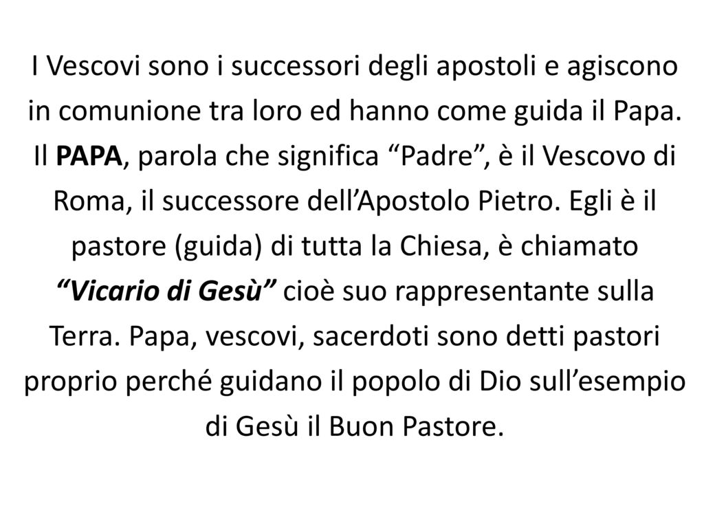 I Vescovi sono i successori degli apostoli e agiscono in comunione tra loro ed hanno come guida il Papa.