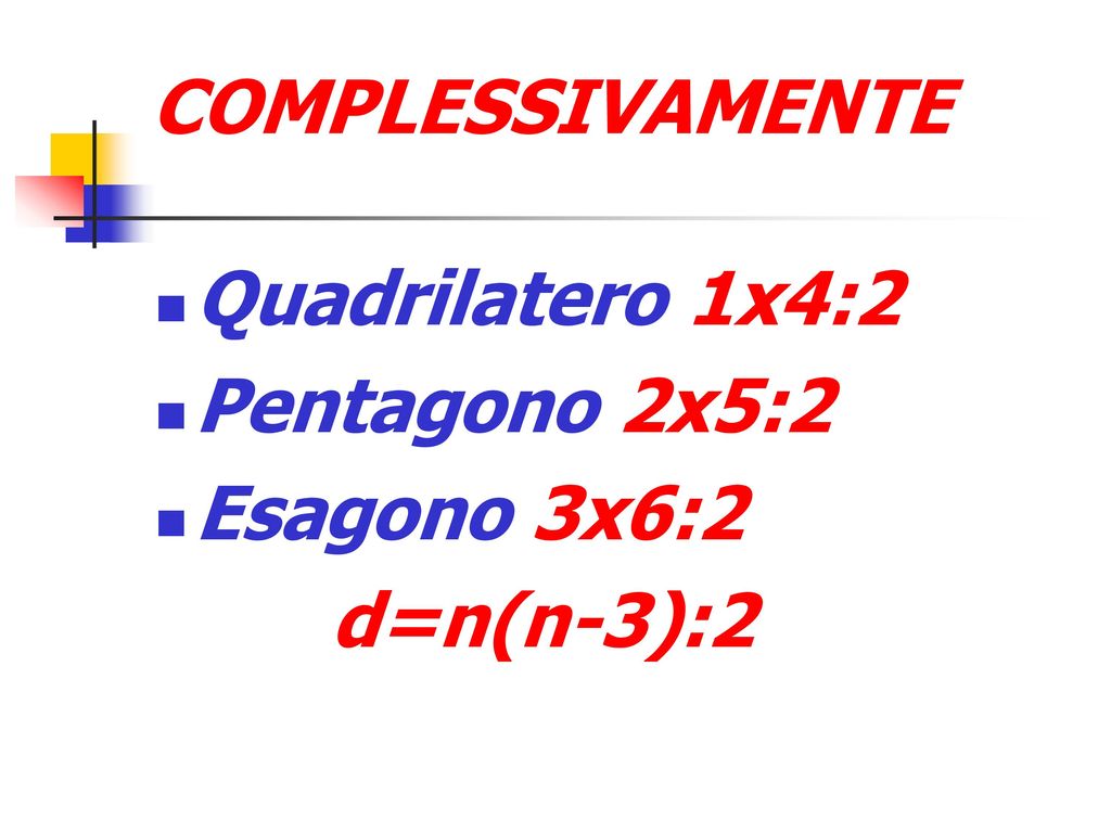 COMPLESSIVAMENTE Quadrilatero 1x4:2 Pentagono 2x5:2 Esagono 3x6:2 d=n(n-3):2