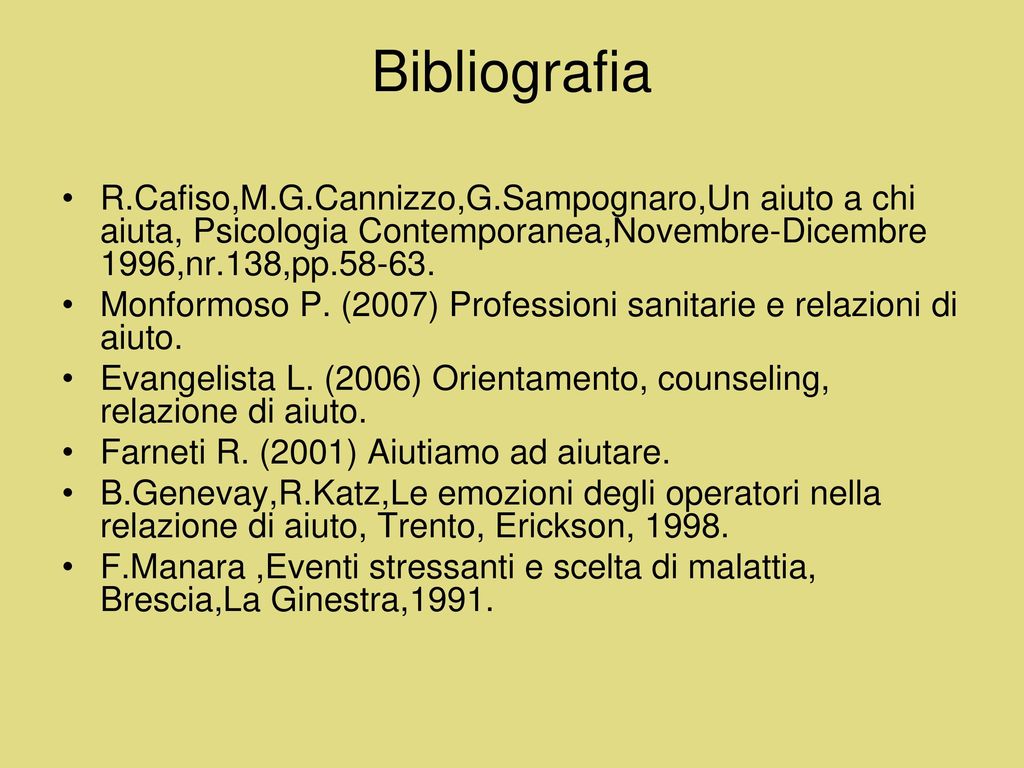 Bibliografia R.Cafiso,M.G.Cannizzo,G.Sampognaro,Un aiuto a chi aiuta, Psicologia Contemporanea,Novembre-Dicembre 1996,nr.138,pp