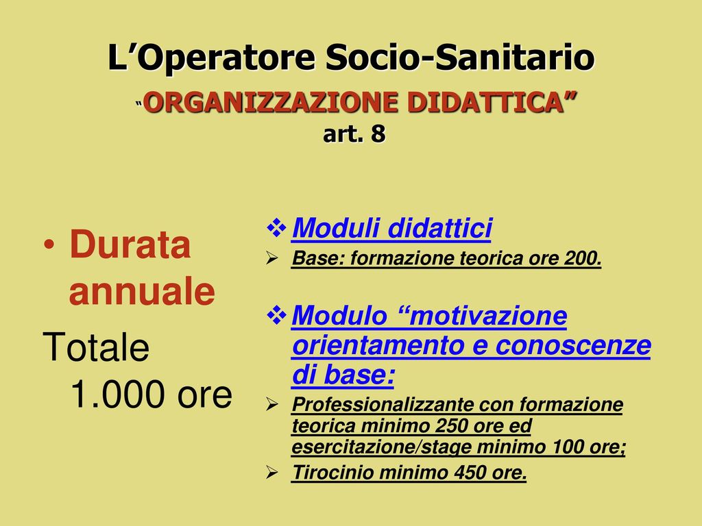 L’Operatore Socio-Sanitario ORGANIZZAZIONE DIDATTICA art. 8