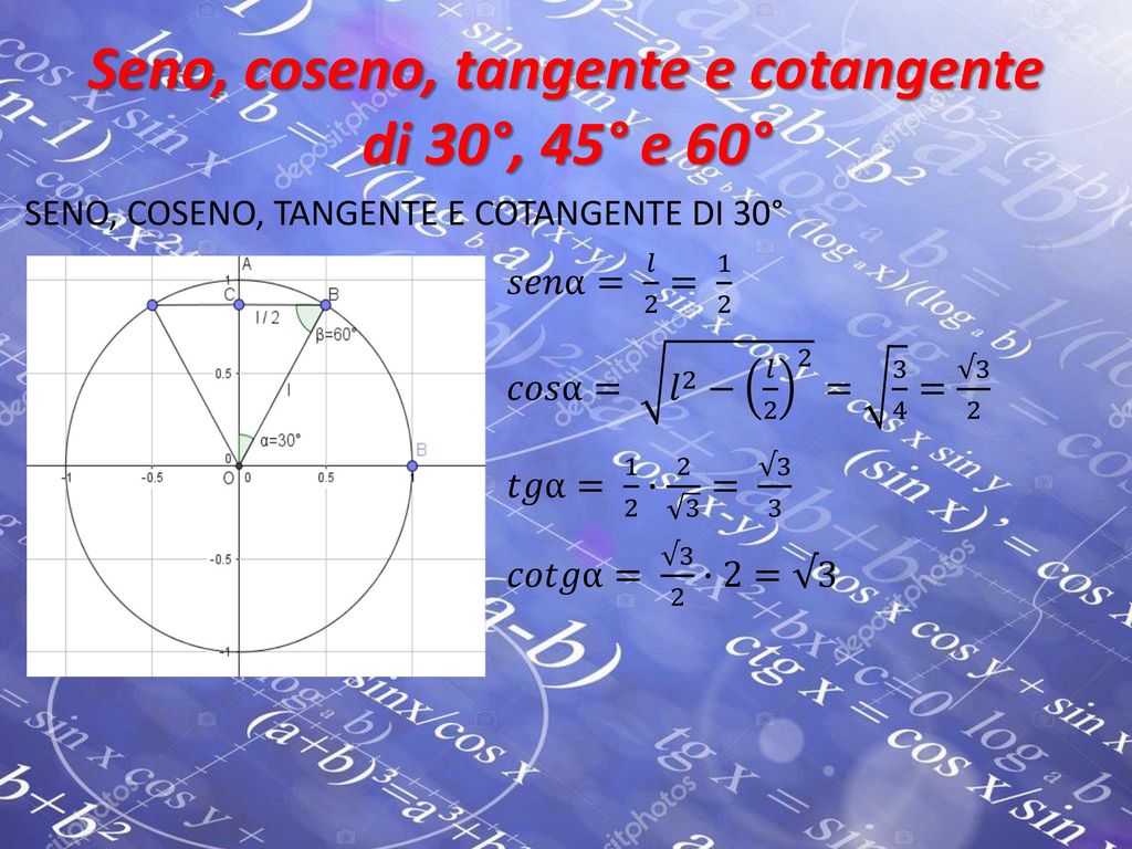 Seno, coseno, tangente e cotangente di 30°, 45° e 60°