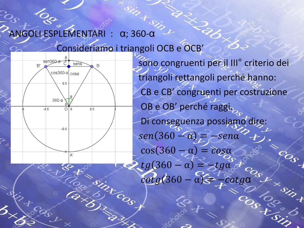 ANGOLI ESPLEMENTARI : α; 360-α Consideriamo i triangoli OCB e OCB’ sono congruenti per il III° criterio dei triangoli rettangoli perché hanno: CB e CB’ congruenti per costruzione OB e OB’ perché raggi.