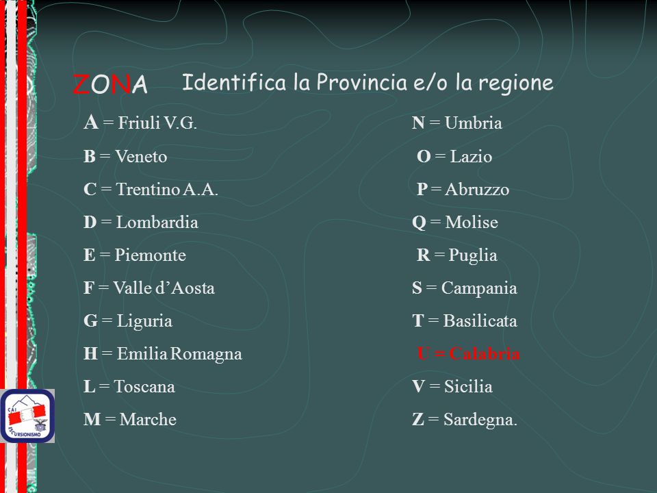 ZONA Identifica la Provincia e/o la regione A = Friuli V.G. N = Umbria