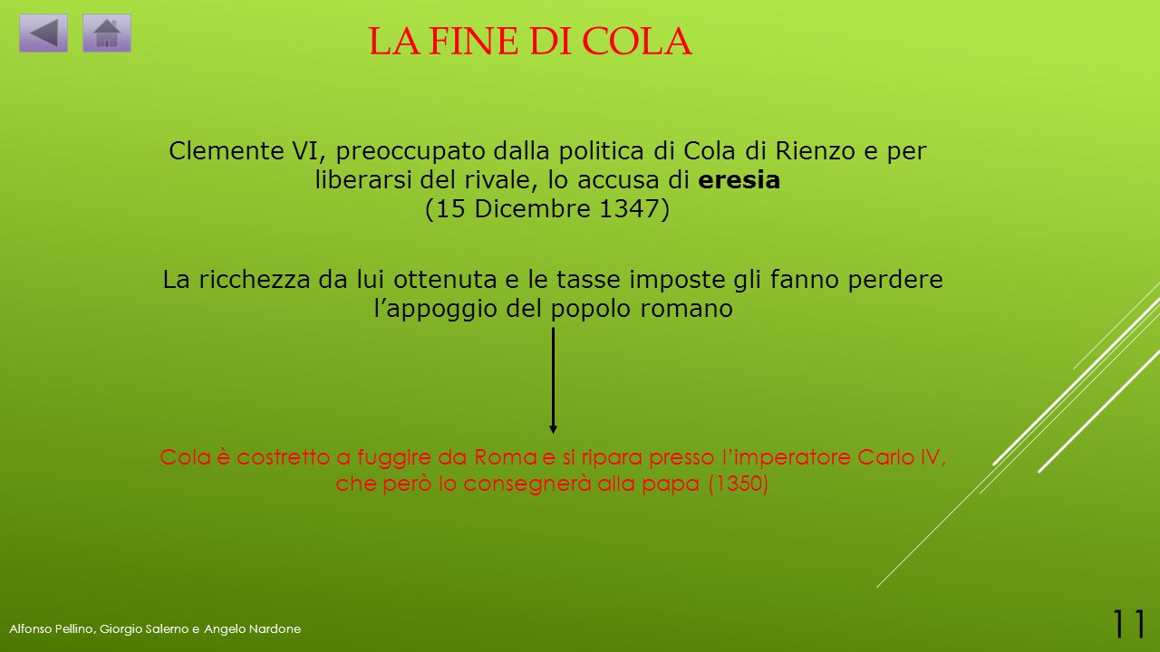 LA FINE DI COLA Clemente VI, preoccupato dalla politica di Cola di Rienzo e per liberarsi del rivale, lo accusa di eresia.