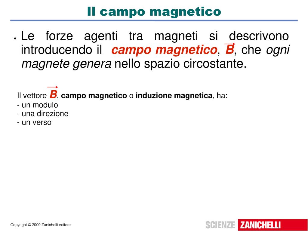 Il campo magnetico Le forze agenti tra magneti si descrivono introducendo il campo magnetico, B, che ogni magnete genera nello spazio circostante.