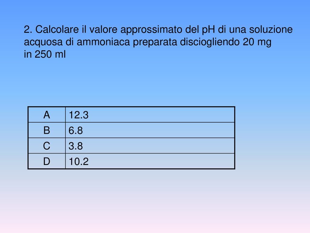 2. Calcolare il valore approssimato del pH di una soluzione