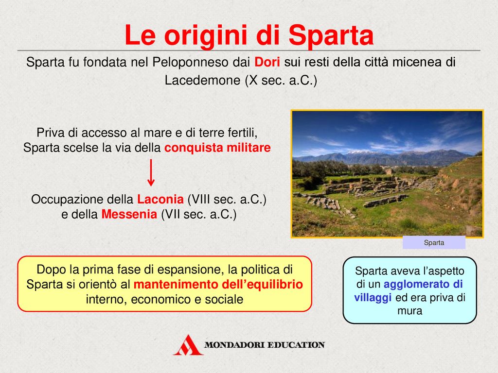 Le origini di Sparta Sparta fu fondata nel Peloponneso dai Dori sui resti della città micenea di Lacedemone (X sec. a.C.)