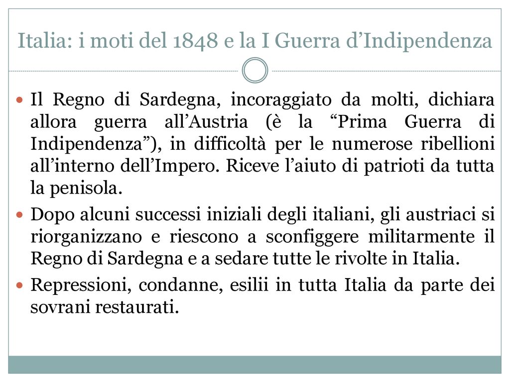 Italia: i moti del 1848 e la I Guerra d’Indipendenza