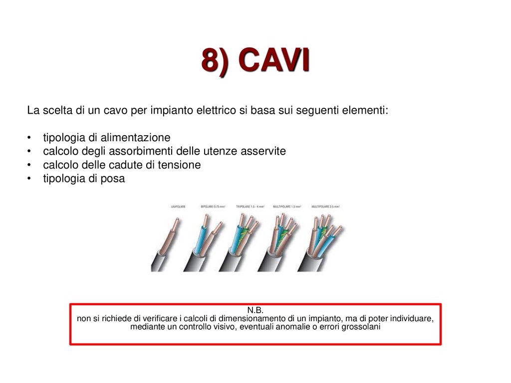 8) CAVI La scelta di un cavo per impianto elettrico si basa sui seguenti elementi: tipologia di alimentazione.