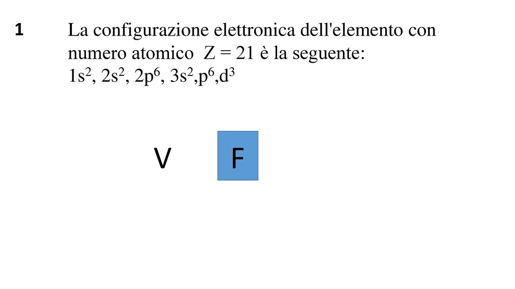 1 La configurazione elettronica dell elemento con numero atomico Z = 21 è la seguente: 1s2, 2s2, 2p6, 3s2,p6,d3.