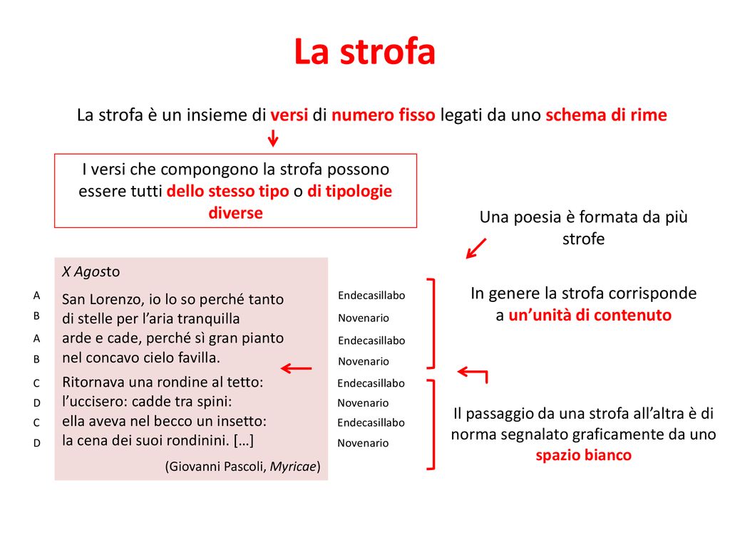 La strofa La strofa è un insieme di versi di numero fisso legati da uno schema di rime.