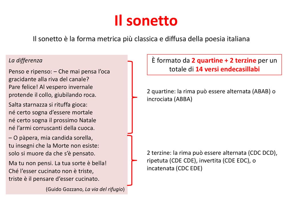Il sonetto Il sonetto è la forma metrica più classica e diffusa della poesia italiana. La differenza.