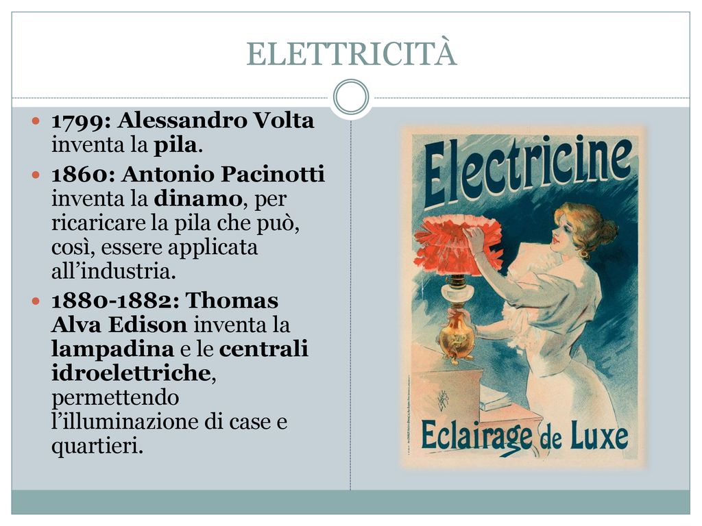 ELETTRICITÀ 1799: Alessandro Volta inventa la pila.