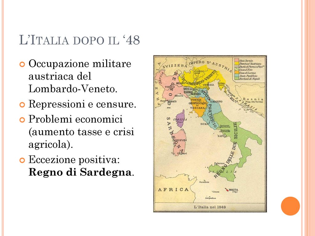 L’Italia dopo il ‘48 Occupazione militare austriaca del Lombardo-Veneto. Repressioni e censure.
