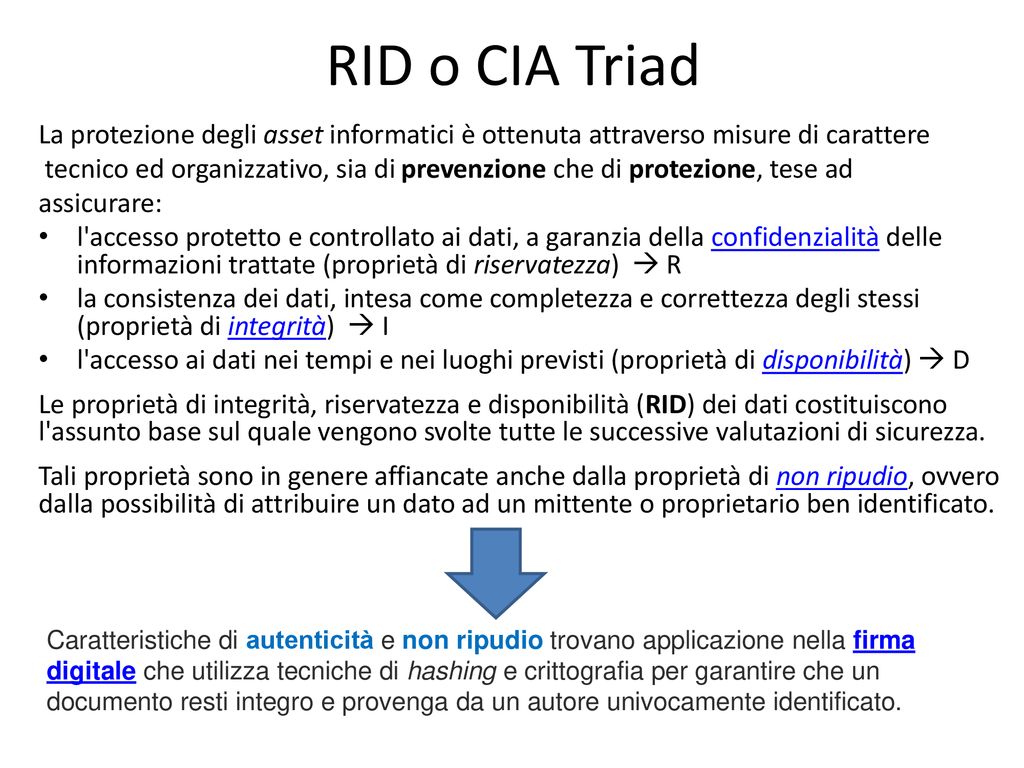 RID o CIA Triad La protezione degli asset informatici è ottenuta attraverso misure di carattere.