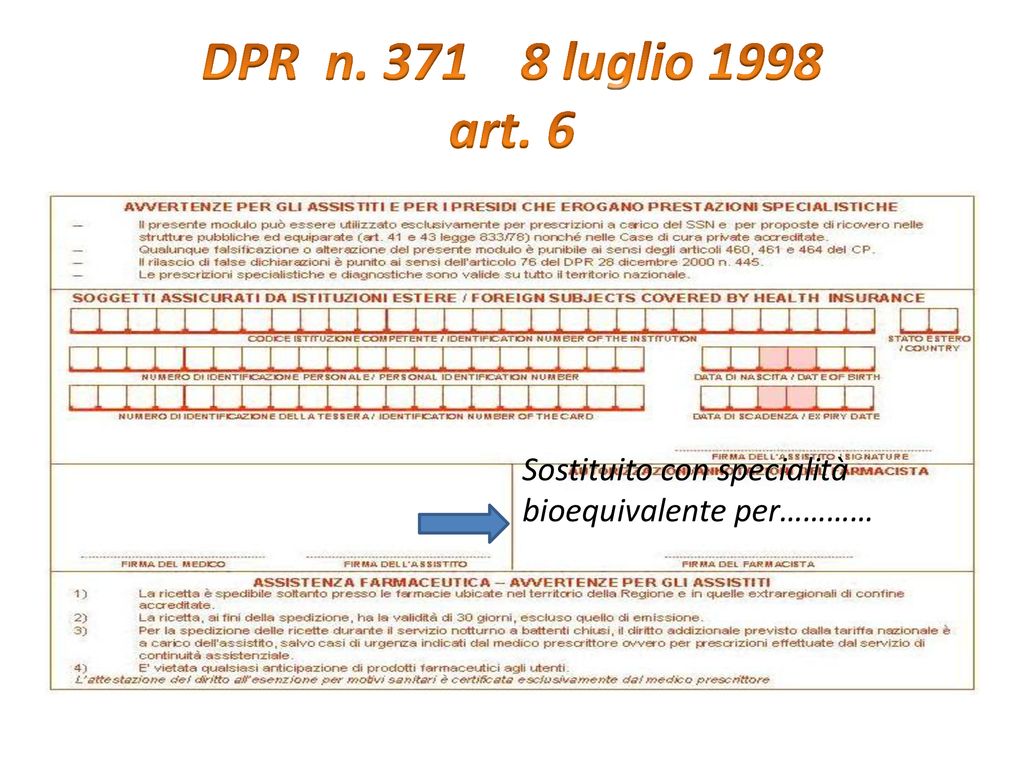 DPR n luglio 1998 art. 6 Sostituito con specialità bioequivalente per…………