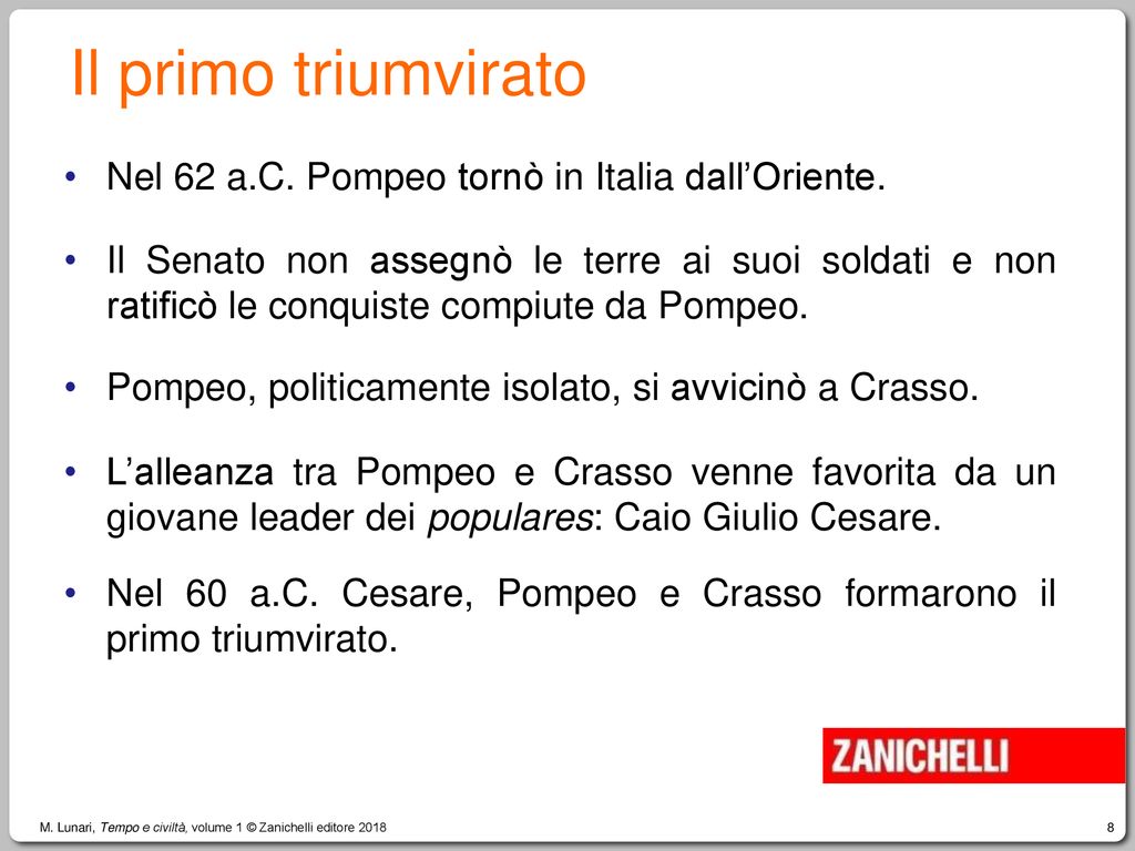 Il primo triumvirato Nel 62 a.C. Pompeo tornò in Italia dall’Oriente.