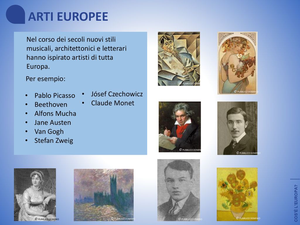 ARTI EUROPEE Nel corso dei secoli nuovi stili musicali, architettonici e letterari hanno ispirato artisti di tutta Europa.