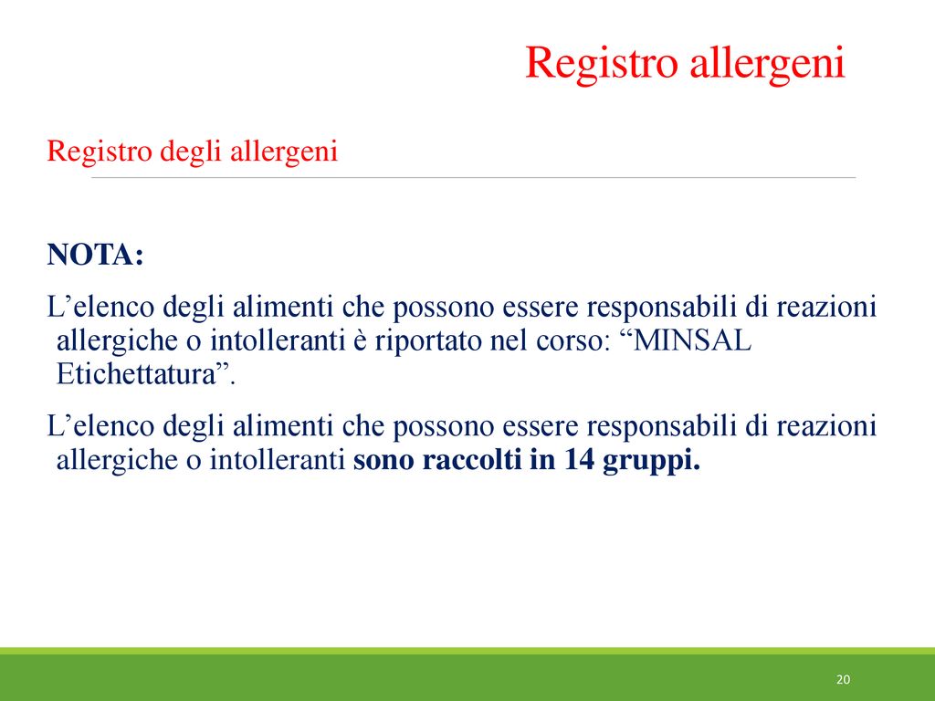 Registro allergeni Registro degli allergeni NOTA:
