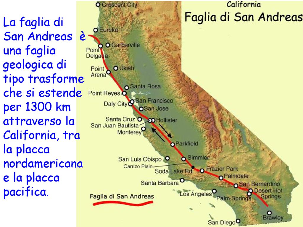 La faglia di San Andreas è una faglia geologica di tipo trasforme che si estende per 1300 km attraverso la California, tra la placca nordamericana e la placca pacifica.