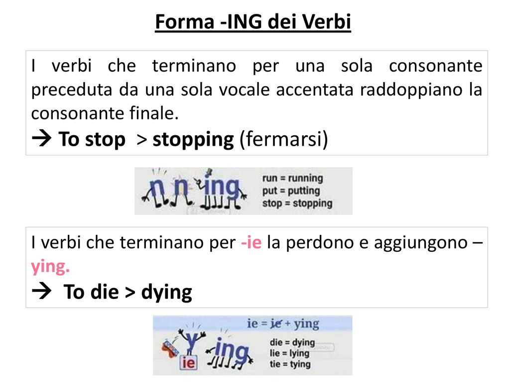  To stop > stopping (fermarsi)