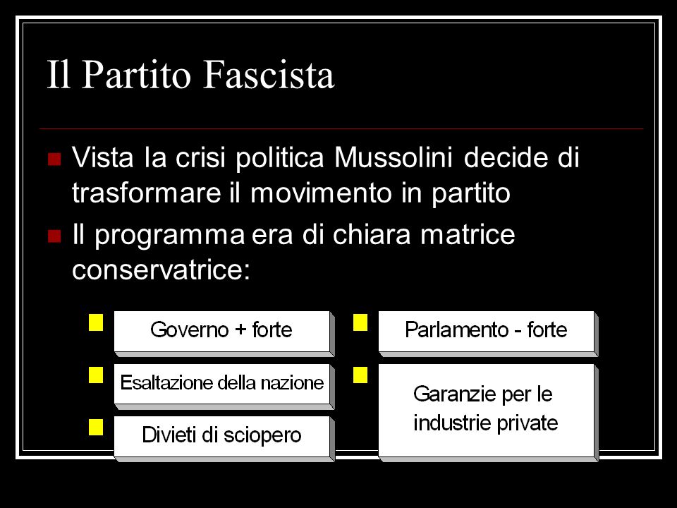 Il Partito Fascista Vista la crisi politica Mussolini decide di trasformare il movimento in partito.