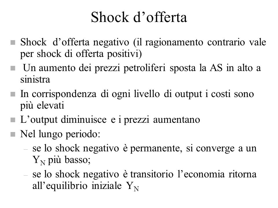 Shock d’offerta Shock d’offerta negativo (il ragionamento contrario vale per shock di offerta positivi)