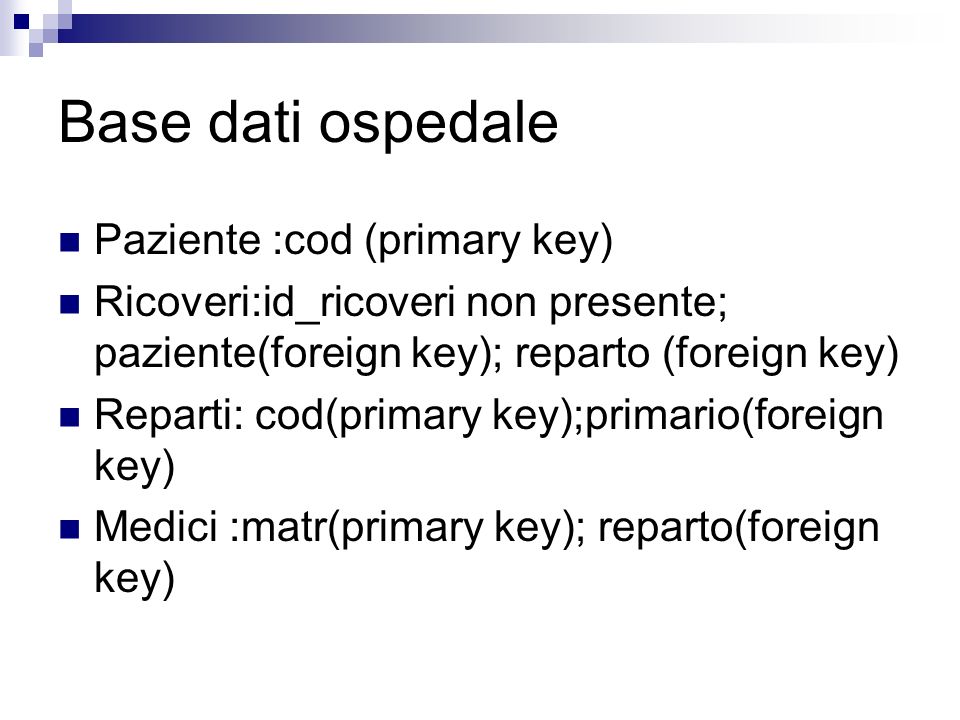 Base dati ospedale Paziente :cod (primary key)