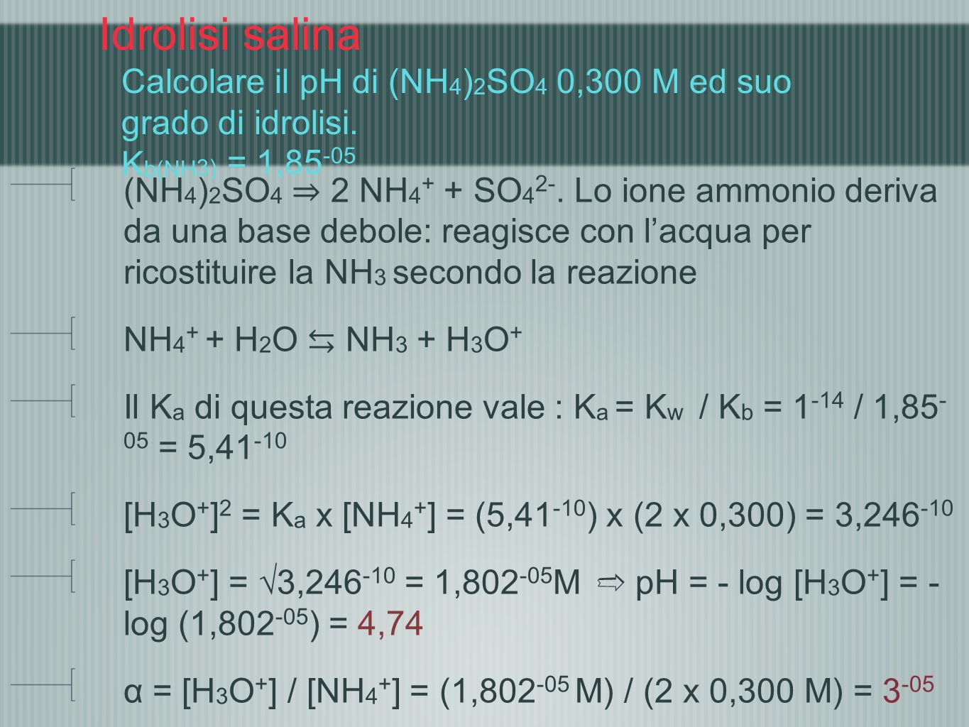 Idrolisi salina Calcolare il pH di (NH4)2SO4 0,300 M ed suo grado di idrolisi. Kb(NH3) = 1,85-05