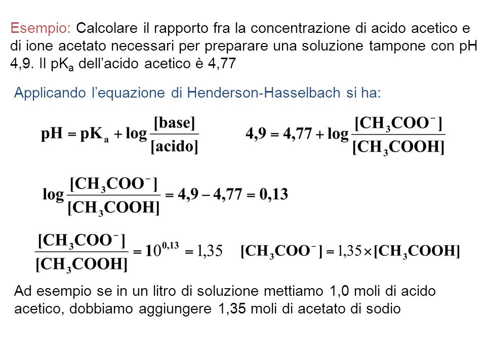 Esempio: Calcolare il rapporto fra la concentrazione di acido acetico e di ione acetato necessari per preparare una soluzione tampone con pH 4,9. Il pKa dell’acido acetico è 4,77