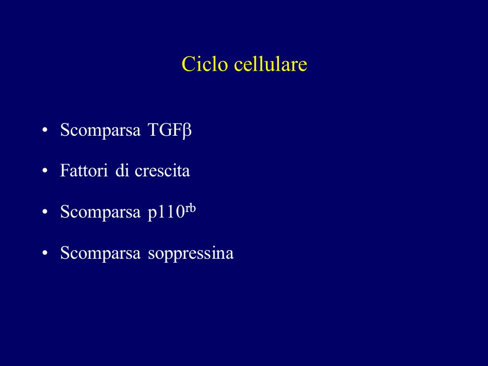 Ciclo cellulare Scomparsa TGFb Fattori di crescita Scomparsa p110rb