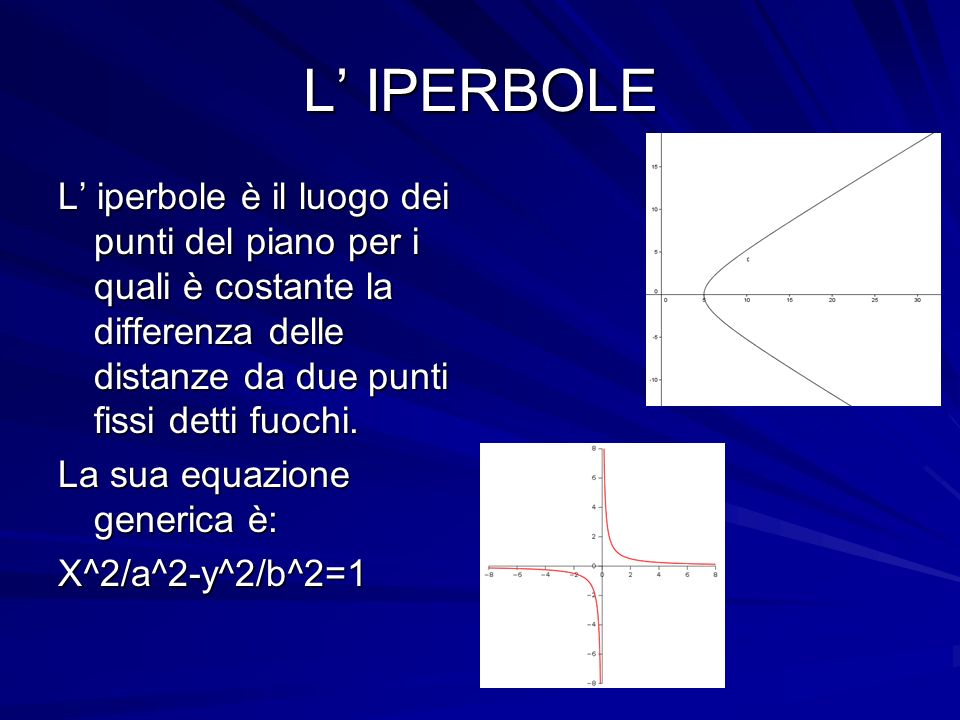 L’ IPERBOLE L’ iperbole è il luogo dei punti del piano per i quali è costante la differenza delle distanze da due punti fissi detti fuochi.