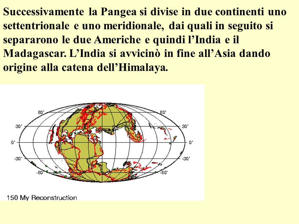 Successivamente la Pangea si divise in due continenti uno settentrionale e uno meridionale, dai quali in seguito si separarono le due Americhe e quindi l’India e il Madagascar.