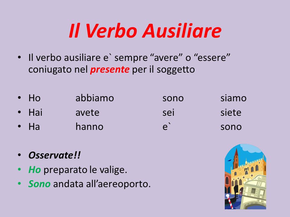 Il Verbo Ausiliare Il verbo ausiliare e` sempre avere o essere coniugato nel presente per il soggetto.