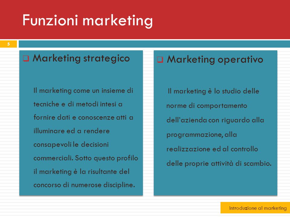 Funzioni marketing Marketing strategico Marketing operativo