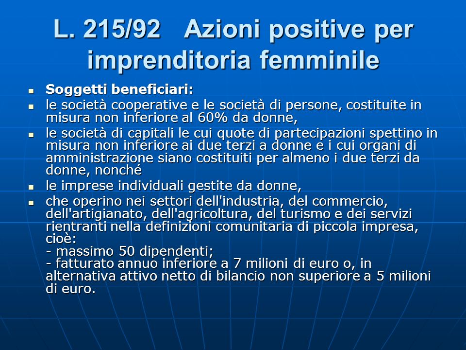 L. 215/92 Azioni positive per imprenditoria femminile