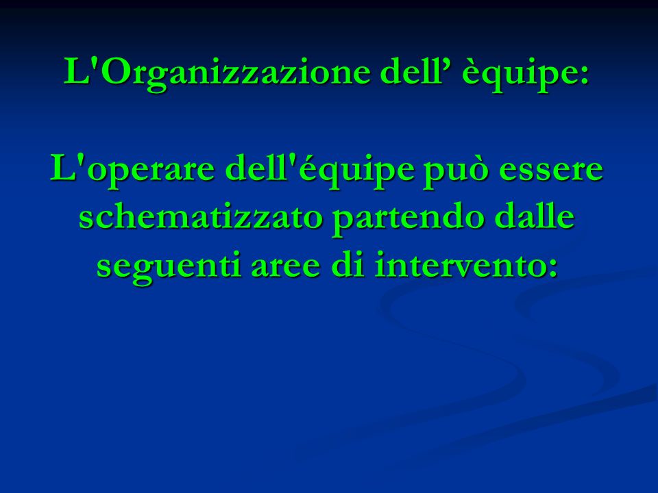 L Organizzazione dell’ èquipe: L operare dell équipe può essere schematizzato partendo dalle seguenti aree di intervento: