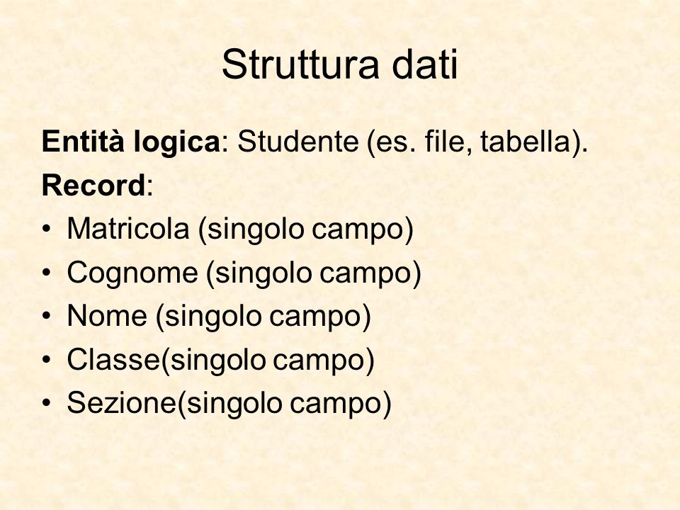 Struttura dati Entità logica: Studente (es. file, tabella). Record: