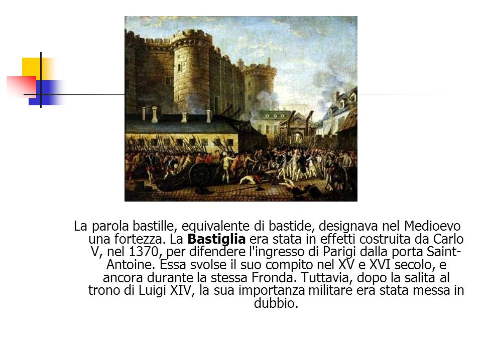 La parola bastille, equivalente di bastide, designava nel Medioevo una fortezza.
