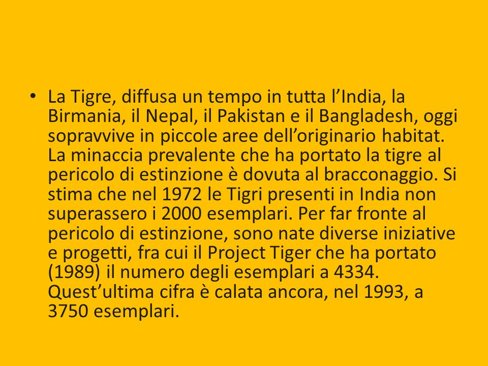 La Tigre, diffusa un tempo in tutta l’India, la Birmania, il Nepal, il Pakistan e il Bangladesh, oggi sopravvive in piccole aree dell’originario habitat.