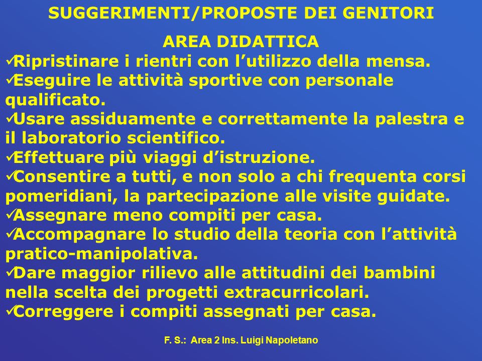 SUGGERIMENTI/PROPOSTE DEI GENITORI F. S.: Area 2 Ins. Luigi Napoletano