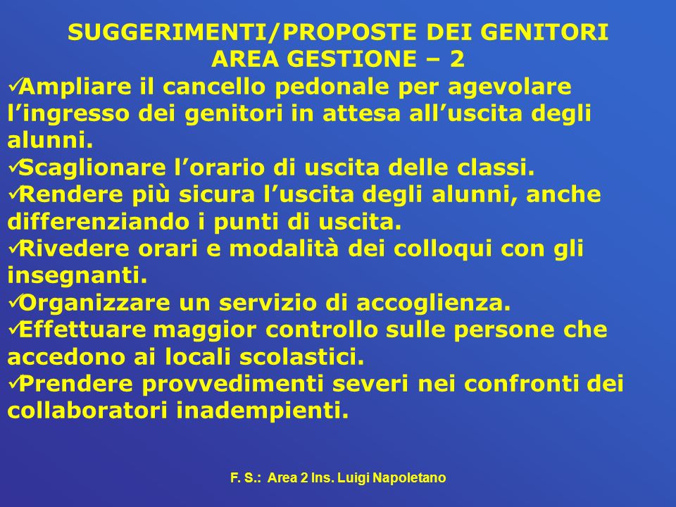 SUGGERIMENTI/PROPOSTE DEI GENITORI F. S.: Area 2 Ins. Luigi Napoletano