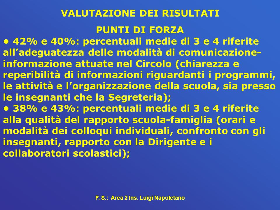 VALUTAZIONE DEI RISULTATI F. S.: Area 2 Ins. Luigi Napoletano