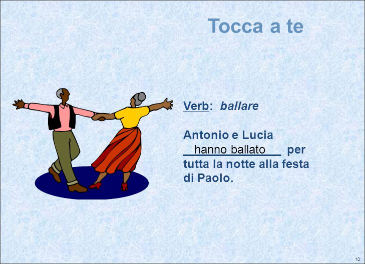 Tocca a te Verb: ballare Antonio e Lucia _______________ per tutta la notte alla festa di Paolo.